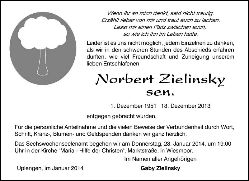  Traueranzeige für Norbert Zielinsky vom 18.01.2014 aus Medienhaus Bauer